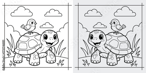 Spot the difference coloring pages featuring a turtle and bird