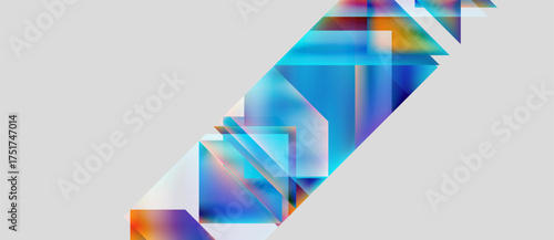 Abstract geometric shapes overlap, creating vibrant color gradients. Blue dominates, with hints purple, orange. Minimalist design, clean background.