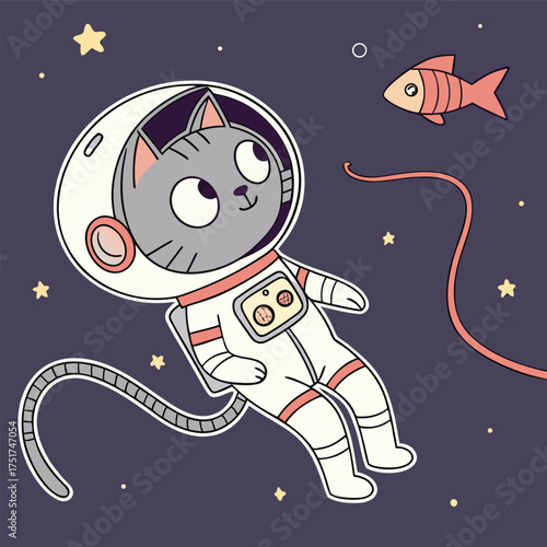 Whimsical cat wearing a fishbowl as a helmet floats in space surrounded by stars and planets a unique cosmic pet illustration