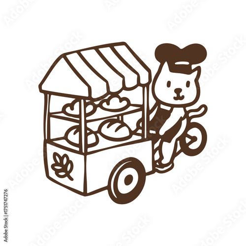Cute cat baker wearing apron and chef hat selling bread travelling street with traditional bakery bicycle cart, cartoon playful animal character simple bold line illustration element