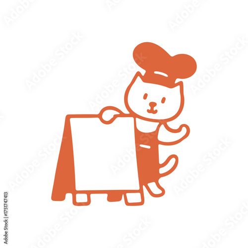 Cute cat baker wearing apron and chef hat stand side of empty text bakery store sign board do friendly welcome pose, cartoon playful animal character simple bold line illustration element