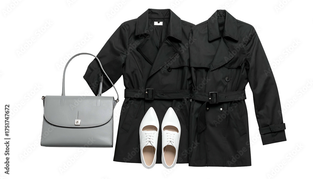 Naklejka premium Apparel grey purse, white shoes, black trench coats on black
