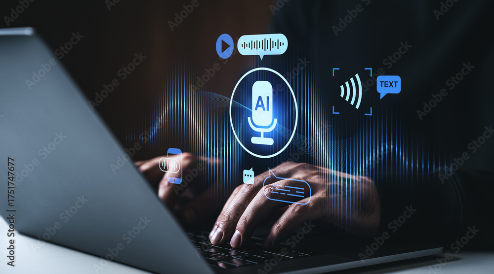 © ImageFlow - AI voice recognition and speech-to-text technology concept with glowing icons over laptop user interface in futuristic tech background scene..