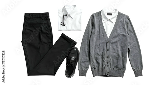 Laid flat smart black pants, white shirt, gray cardigan, black shoes