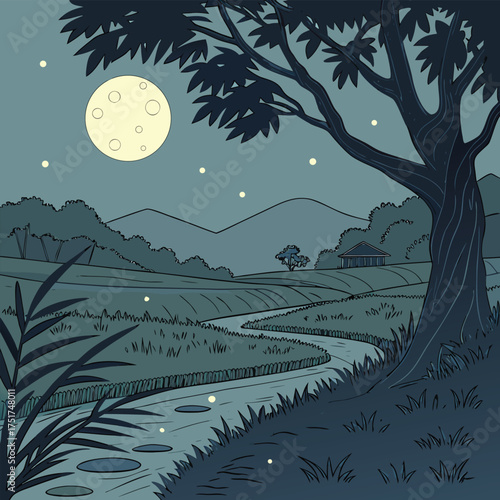 Enchanting vector illustration of bioluminescent fireflies illuminating a tranquil forest stream at night creating a magical and serene atmosphere