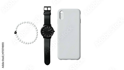 Minimalist flat lay watch, phone case, and beaded bracelet on black