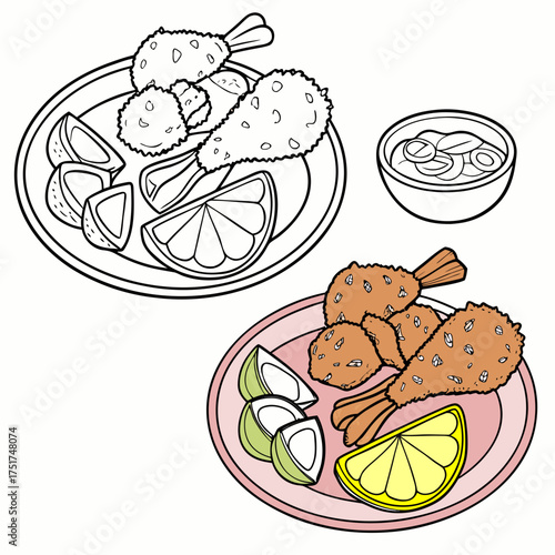 Enjoy delicious crispy fried shrimp tempura with fresh lemon wedges and dipping sauce, a tempting Asian cuisine treat for food lovers