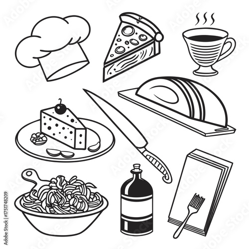 Line art of food items brings culinary art to life, chef's hat, pizza, coffee, cake, bread, knife, pasta, bottle, and menu create a delicious scene