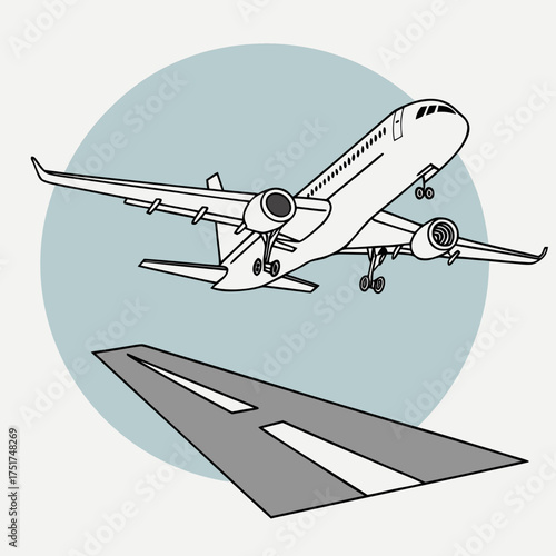 Modern airplane soaring from runway, travel adventure awaits, fly high, dynamic journey, explore new destinations, travel the world, aviation illustration