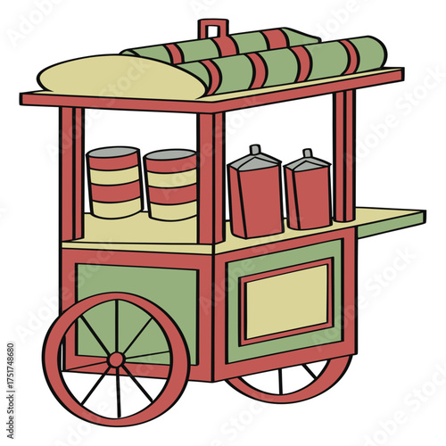 Charming hand drawn food cart illustration, perfect for menus, posters, and vintage designs, evokes a nostalgic feeling of old-fashioned street food vendors