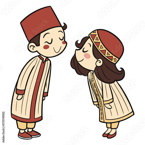 Charming cartoon illustration of a boy and girl in traditional Arabic clothing, perfect for cultural celebrations or educational content about diverse cultures
