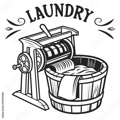 Vintage Laundry Machine and Bucket, Laundry Day Illustration, Clean Clothes Concept, Nostalgic Home Chores, Retro Housework, Rustic Laundry Room Decor