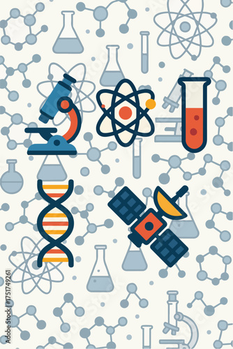 Flat science icons representing innovation, lab research, and technology.