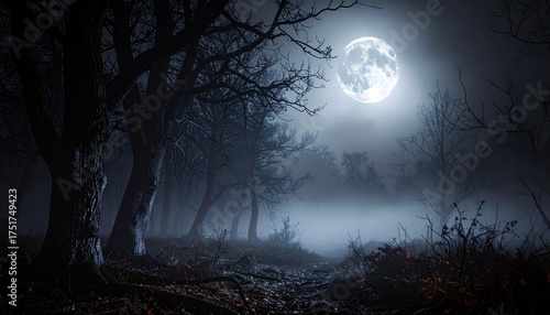 Eerie view of a mysterious dark forest path shrouded in fog, illuminated by the bright light of a full moon on a spooky night