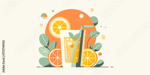 Flat vector illustration of a healthy summer citrus drink, showcasing a glass of fresh orange juice with a straw, decorated with fruit slices and foliage