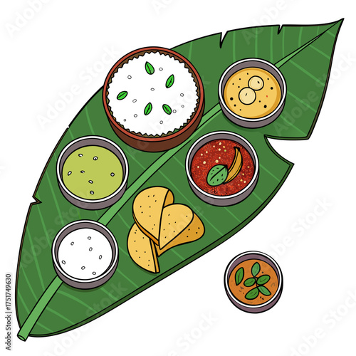 Authentic South Indian Thali Meal Served on Banana Leaf, Traditional Cuisine, Colorful Curries, Rice, and Crispy Snacks for Cultural Food Experiences