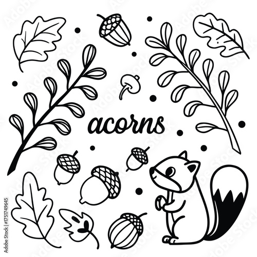 A black-and-white, hand-drawn doodle illustration with an autumn/nature theme. It features a cute, stylized squirrel surrounded by various forest elements.