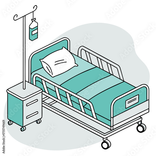Isometric hospital bed illustration evokes care and healing, perfect for medical, insurance, and healthcare marketing material