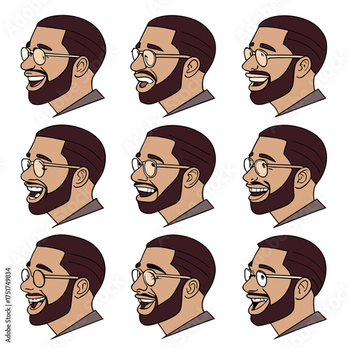 Diverse expressions showing a man wearing glasses, conveying happiness, joy, and laughter, ideal for use in communication and emotion-related content