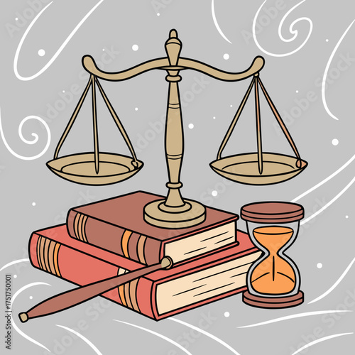 Symbol of Justice and Time: Scales, Books, and Hourglass Depicting Law, Knowledge, and Deadlines for Legal, Educational, and Business Concepts