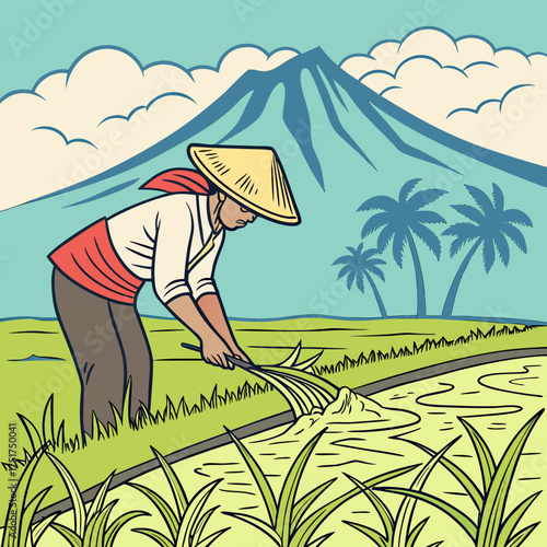 Serene rice paddy landscape featuring a farmer working the land, complete with palm trees and a majestic mountain backdrop for authentic agriculture