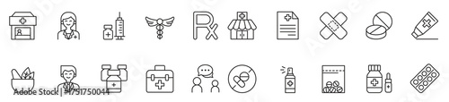 Pharmacy icon set. Included the icons as drug, pills, capsule, herbal medicines, pharmacist, drugstore and more