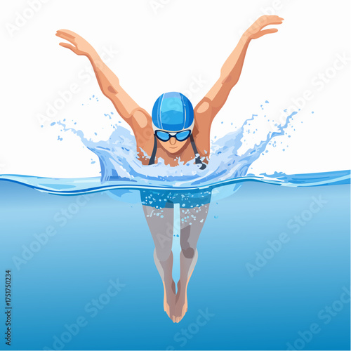 A female swimmer performs the butterfly stroke with a splash of water