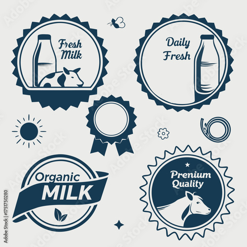 Farm Fresh Milk Badges for Dairy Products, Retro Style Vector Art, Vintage Milk Labels, Premium Quality Dairy, Great for Branding Natural Foods