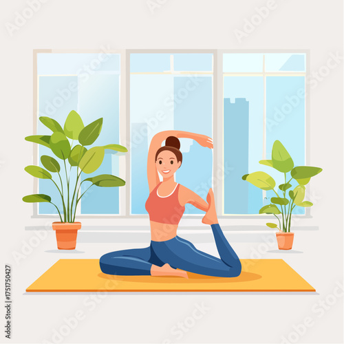 Woman in Yoga Pose Stretching on Mat in Modern Studio with Plants and Soft Daylight, Healthy Lifestyle