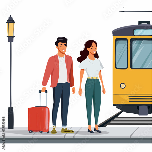 Cheerful young couple with a red suitcase waiting patiently at a vibrant train station platform, ready to embark on an exciting journey and explore new destinations via public transport