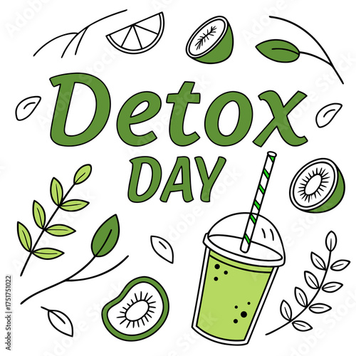 Trendy detox day concept with green smoothie and fruit, vibrant and modern design promoting wellness and healthy lifestyle, perfect for social media marketing