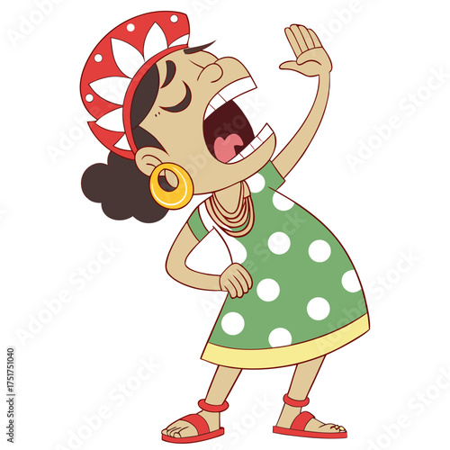 Animated cartoon woman passionately singing with hand raised, musical performance, cultural dance, vibrant character illustration, traditional dress