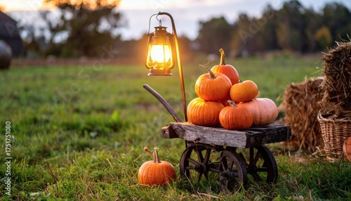 Rustic cart full of vibrant autumn pumpkins and a glowing lantern in a golden field at dusk, evoking a cozy ambiance for harvest celebrations