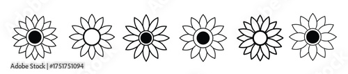 six black and white sunflower icons with varying detail