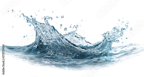 Water splash, dynamic and fluid.  A high-impact, clear water splash, against a black background