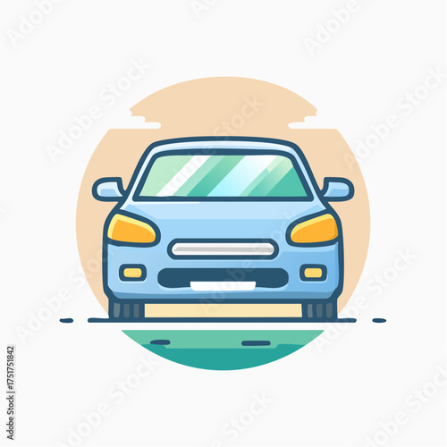 Modern illustration of a car with a sky-blue body and yellow headlights on a road, a transportation concept