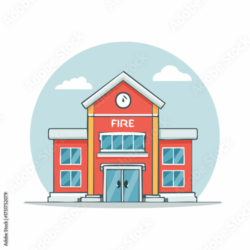 Illustration of a friendly fire station building with a sign indicating FIRE, representing emergency services and community safety
