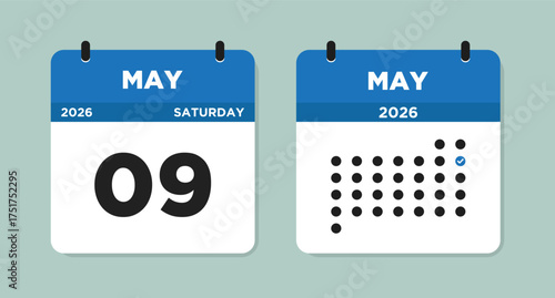 May 9 2026 (Saturday) Calendar Vector Illustration. Day calendar page with date May 09. Week Starts on Sunday. Checklist day calendar. Modern Flat Calendar template icon.