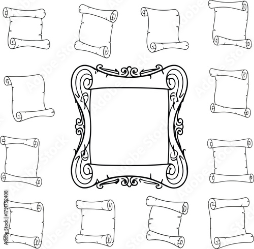 Antique Scroll Paper Vector Set – Vintage Parchment and Old Document Line Art Collection