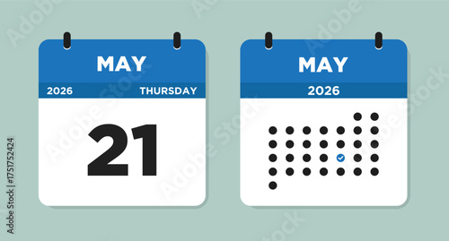 May 21 2026 (Thursday) Calendar Vector Illustration. Day calendar page with date May 21. Week Starts on Sunday. Checklist day calendar. Modern Flat Calendar template icon.