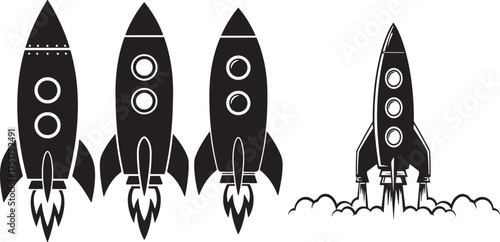 Vector art of a collection of stylized black rocket ship icons, some in a row and one launching with smoke