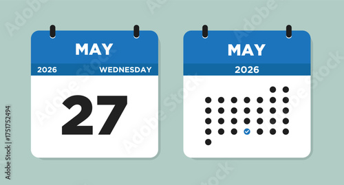 May 27 2026 (Wednesday) Calendar Vector Illustration. Day calendar page with date May 27. Week Starts on Sunday. Checklist day calendar. Modern Flat Calendar template icon.