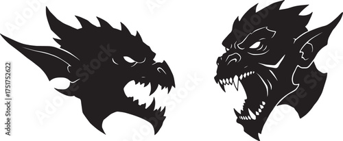 Vector art of two menacing black monster heads facing each other, one dragonlike and the other apelike
