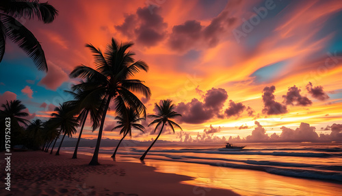 Sunset boat journey on tropical beach nature photography serene environment