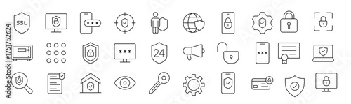Set of Security web icons in line style. Guard, cyber security, password, smart home, safety, data protection, key, shield, lock, unlock, eye access. Security outline icon set.