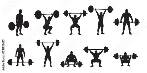 Weightlifting Silhouettes – Athletes Performing Deadlifts, Squats, Overhead Press – Strength Training Vector Illustration