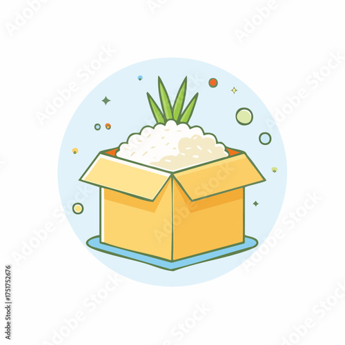 A Box of Rice with a Green Sprout Growing Out of It