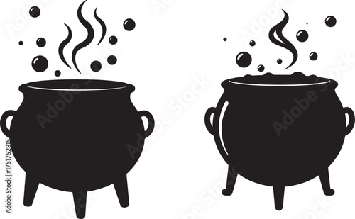 Vector art of two black cauldrons with bubbling potion and steam