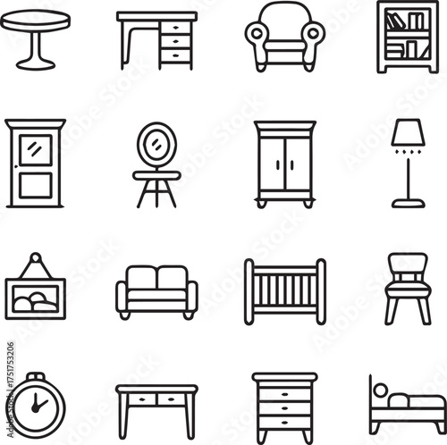 modern furniture icon grid 16 line art set for interior catalog vector ai eps jpeg png