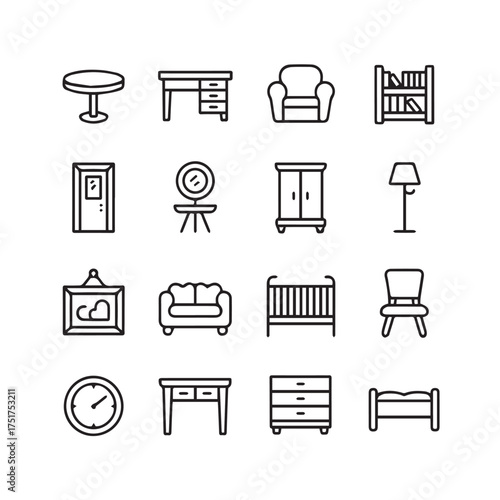 black and white furniture icons 4x4 grid minimalist home decor vector ai eps jpeg